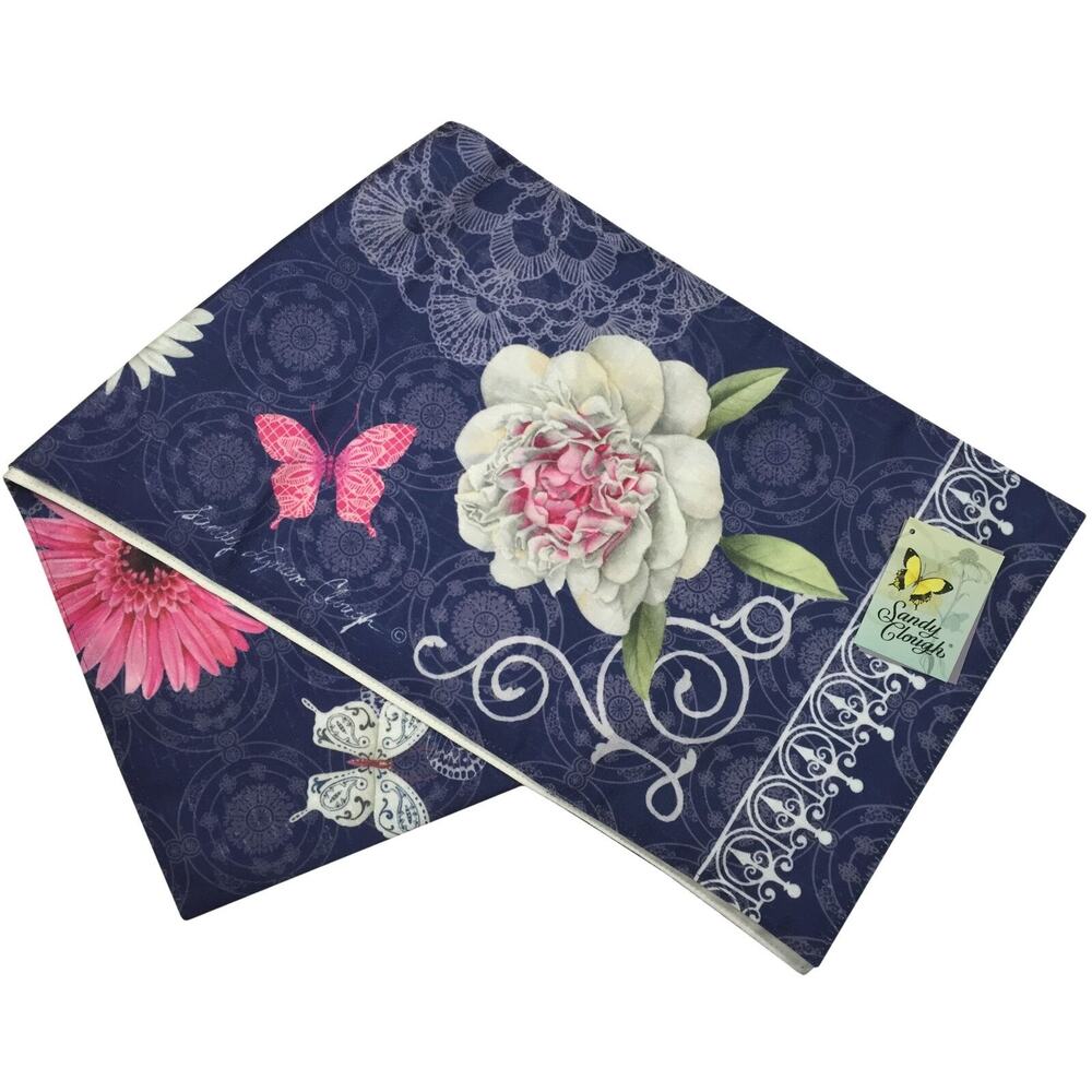Spring Peonies Floral Indigo Table Runner Boho Butterfly Sandy Clough 72" NEW